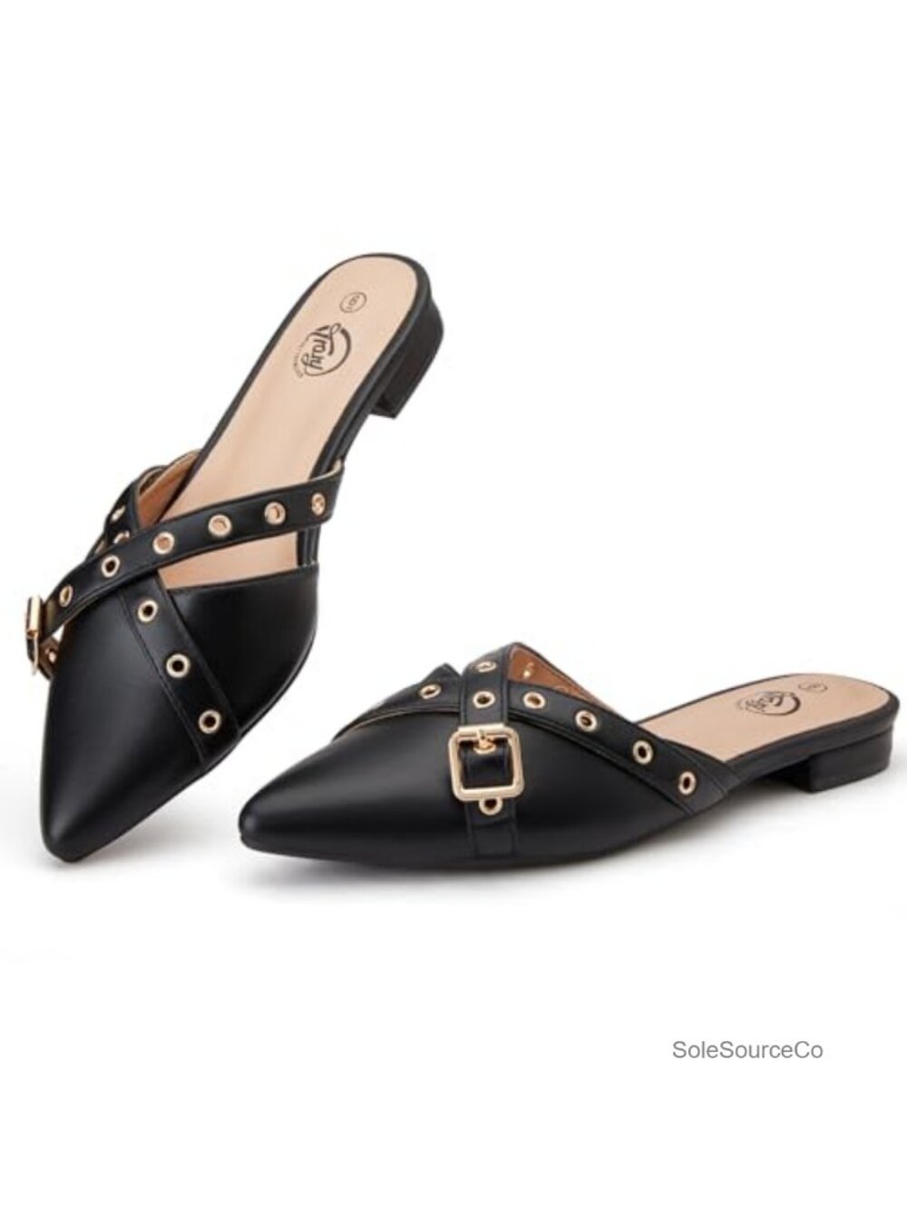 Women's Pointed Toe Mules with Bow, PU Leather Slip On Flats